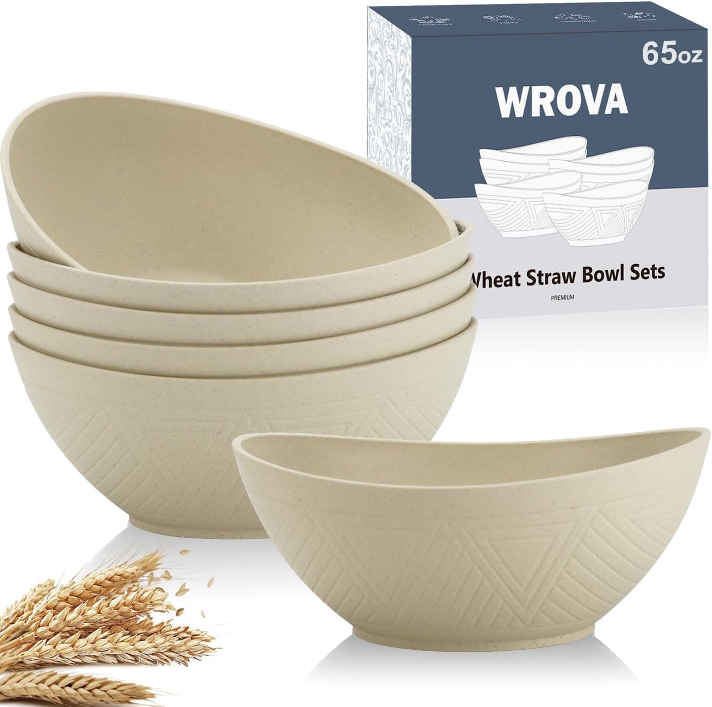 65oz Big Wheat Straw Bowls - Large Salad Bowls set of 6 - Unbreakable Serving Bowl Sets - Microwave