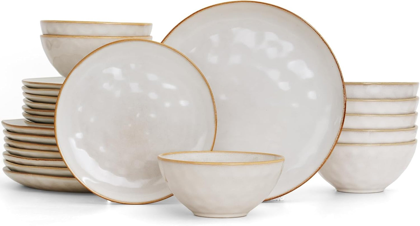 Famiware Dinnerware Sets for 8, Ocean Round 24-Piece Kitchen Plates and Bowls Sets, Reactive Glaze