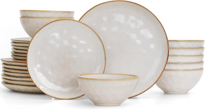 Famiware Dinnerware Sets for 8, Ocean Round 24-Piece Kitchen Plates and Bowls Sets, Reactive Glaze