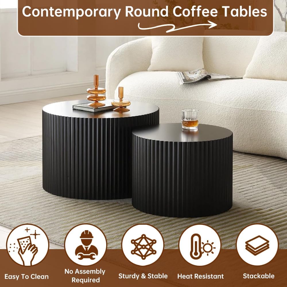 Round Nesting Coffee Table Set of 2 Modern Black Fluted Coffee Table Small Round End Table Side