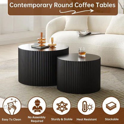 Round Nesting Coffee Table Set of 2 Modern Black Fluted Coffee Table Small Round End Table Side