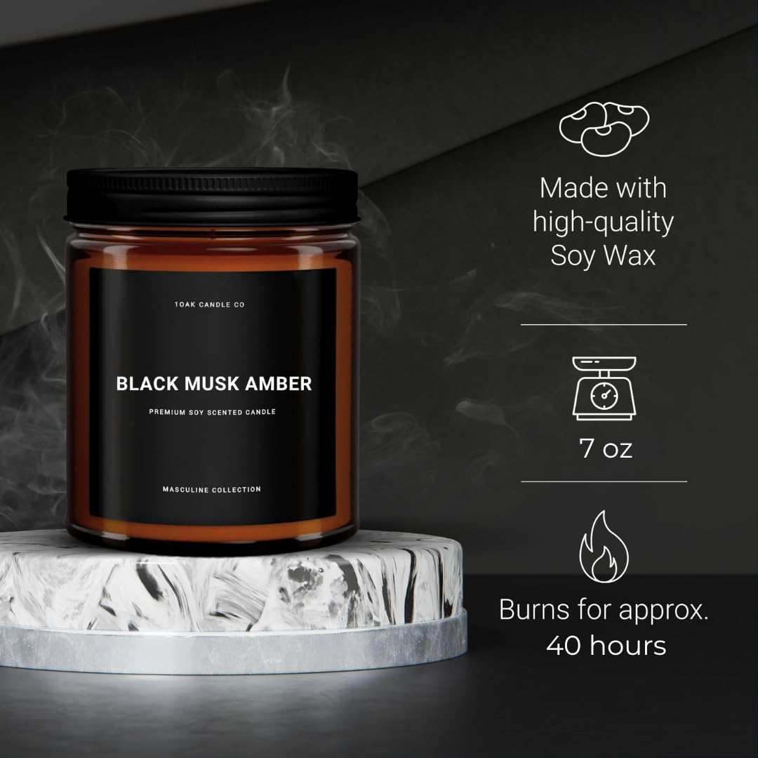 1OAK Black Musk Amber Candle - Soy Wax Scented Candle for Men - 7oz, Long Burning, Masculine