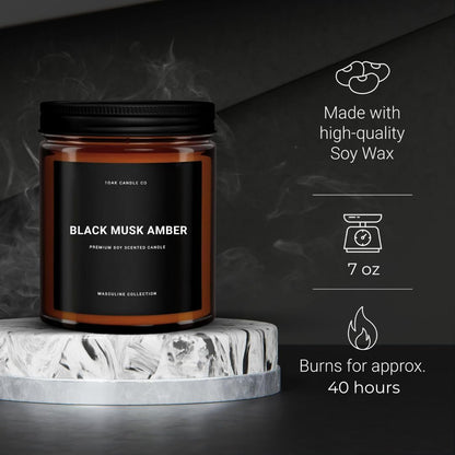1OAK Black Musk Amber Candle - Soy Wax Scented Candle for Men - 7oz, Long Burning, Masculine