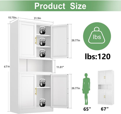 Tall Pantry Cabinet 67" H Metal Cabinet with 4 Doors, Bathroom Cabinets, 3 Adjustable Shelves for