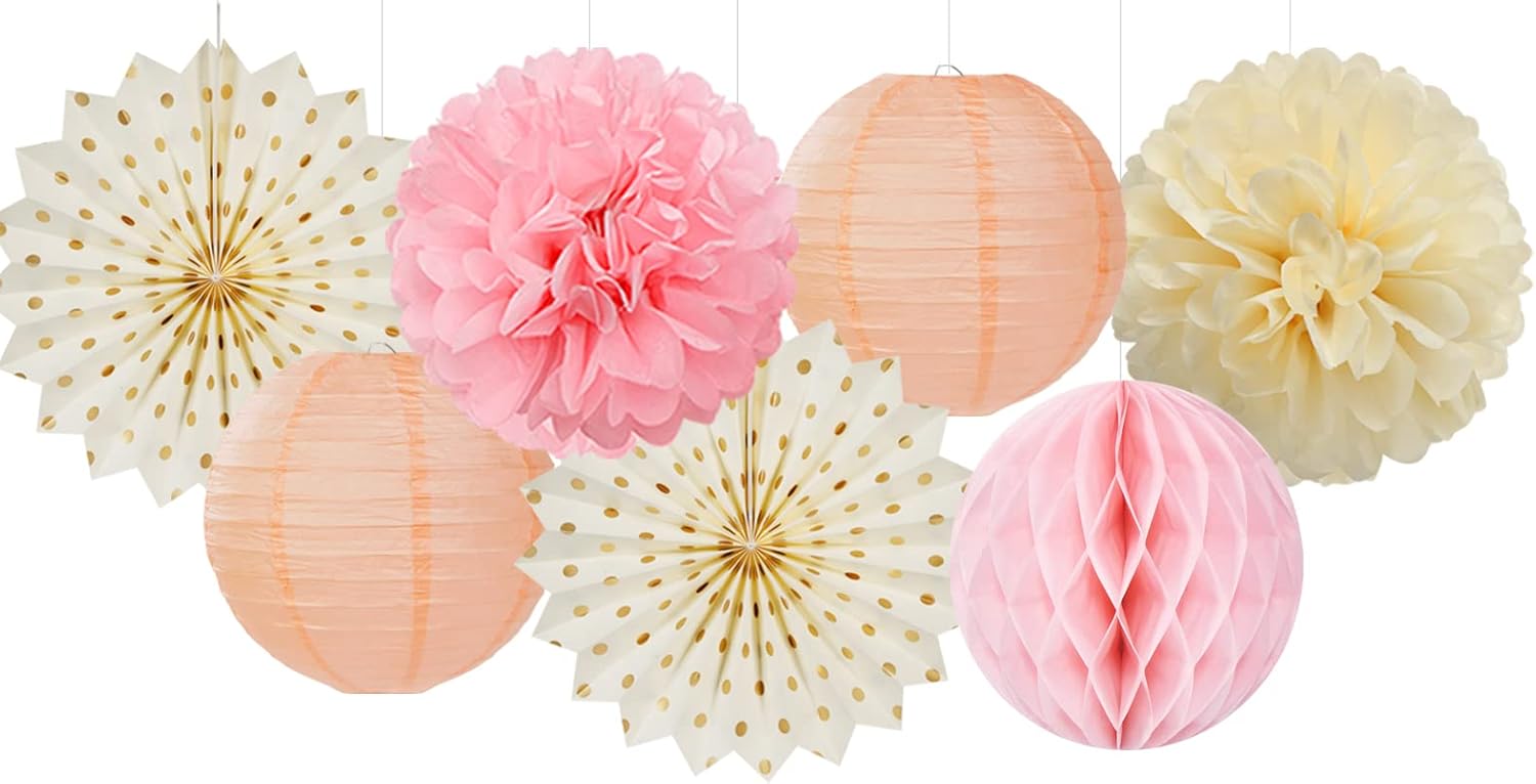 Pink Peach Gold Party Decorations - 14pcs Bridal Baby Shower Girls Birthday Paper Lanterns