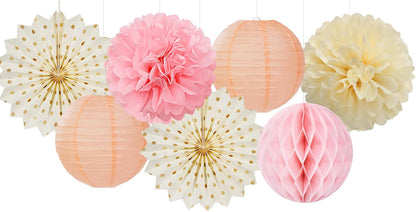 Pink Peach Gold Party Decorations - 14pcs Bridal Baby Shower Girls Birthday Paper Lanterns