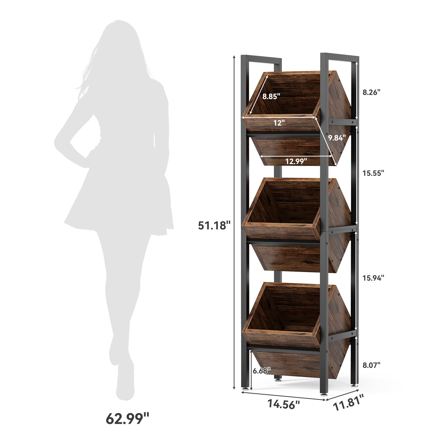 LITTLE TREE 3-Tier Basket Stand, Wooden Floor Stand Shelving Unit, Standing Organizer Storage Rack