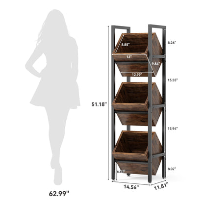 LITTLE TREE 3-Tier Basket Stand, Wooden Floor Stand Shelving Unit, Standing Organizer Storage Rack