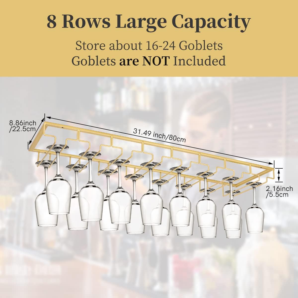 Xverycan Wine Glass Rack Under Cabinet, 8 Row Extreme Large Stemware Hanger, Metal Wine Goblet