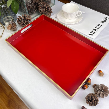 Red Decorative Tray, Rectangular Serving Tray with Handles, Plastic Coffee Table Tray for Ottoman