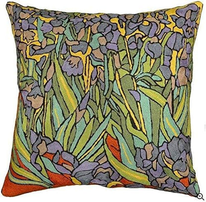 Van Gogh Irises Pillow Cover Green Floral Pillowcase Needlepoint Flower Chair Cushion Accent