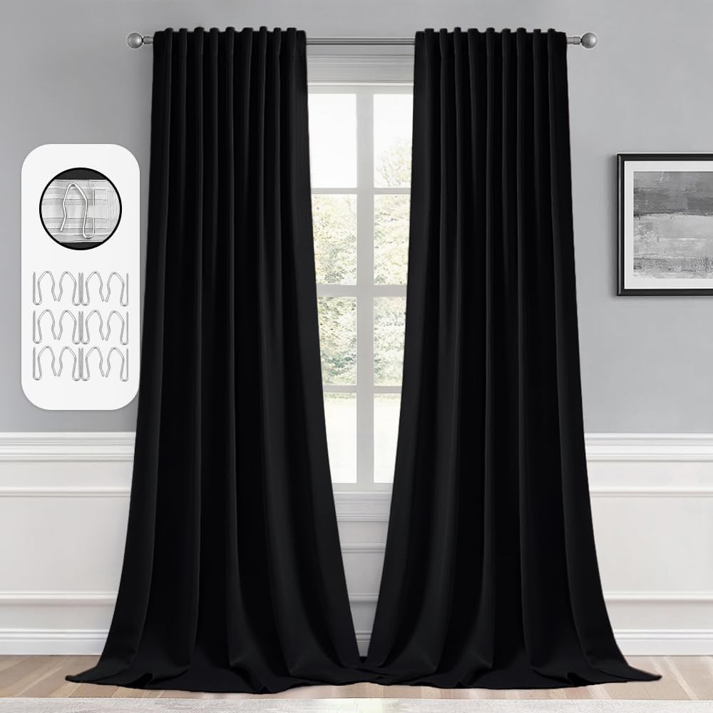 MIULEE Black Back Tab Blackout Curtains 132 Inch Length 2 Panels Set for Living Room Bedroom