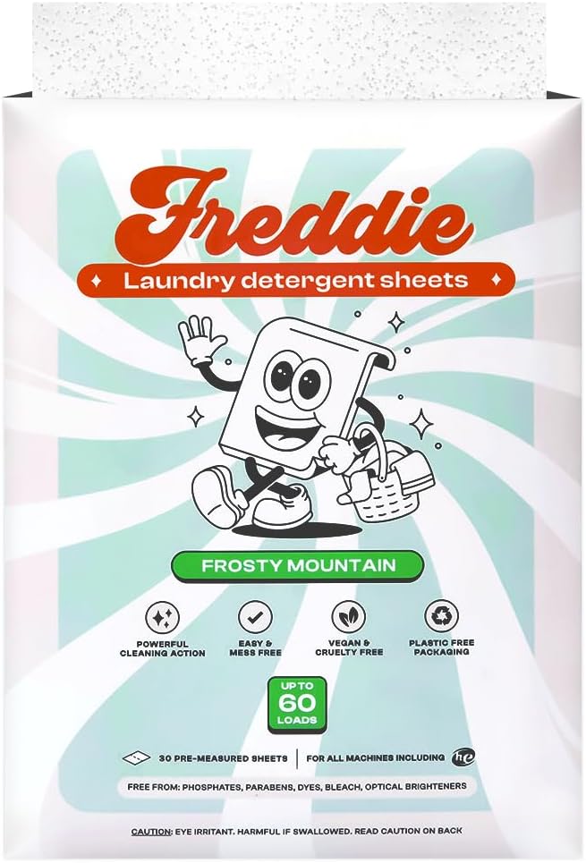 Freddie Laundry Detergent Sheets - Recyclable Packaging - No Mess Strips - 60 Loads - Crisp Frosty