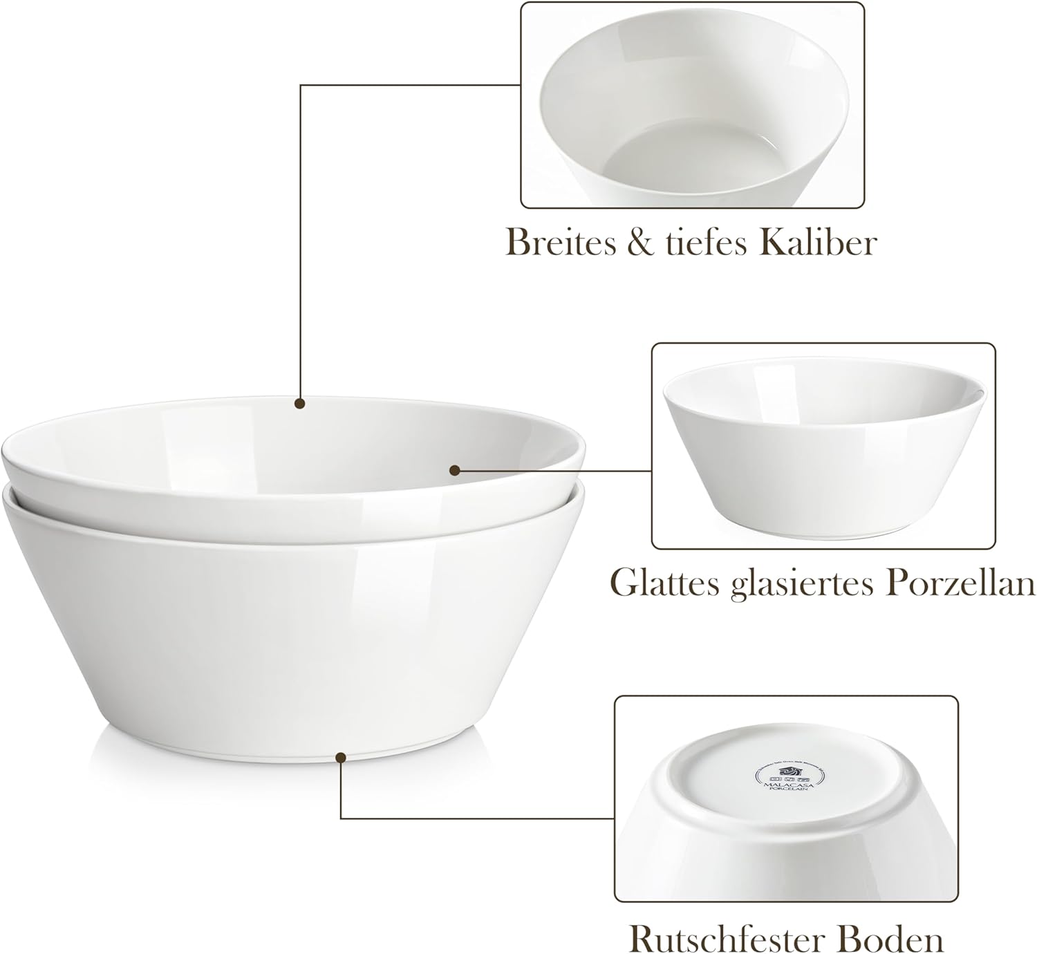 MALACASA Serving Bowls, 105 OZ Large Salad Bowls Set of 2, Porcelain White Bowls for Kitchen, Large
