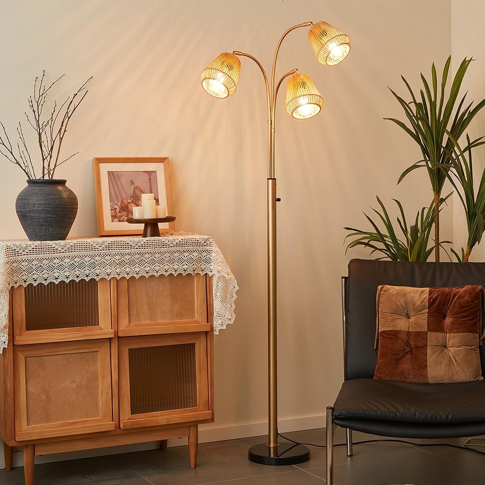Gold Rattan Floor Lamp for Living Room, 72 Inch Tall Boho Floor Lamp with Rotary Switch, 3 Lights