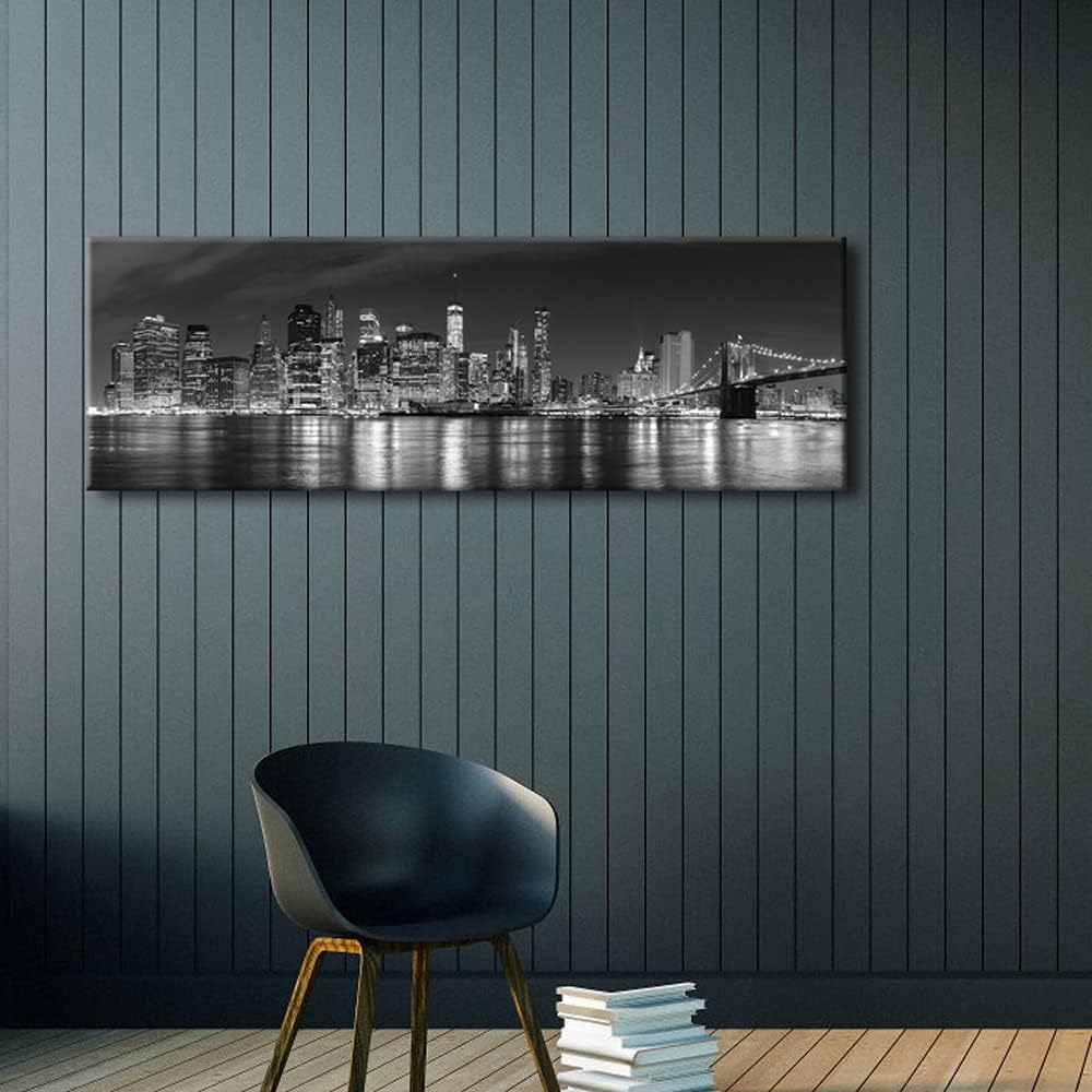 Wieco Art New York Manhattan Night View in Black and White Giclee Canvas Prints Modern Stretched