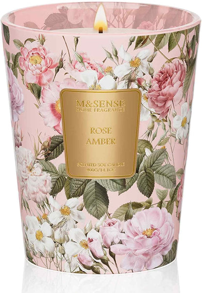 M&SENSE Rose Amber Scented Natural Soy Wax Candle, 14.1oz 60 Hours Long Lasting Slow Burning