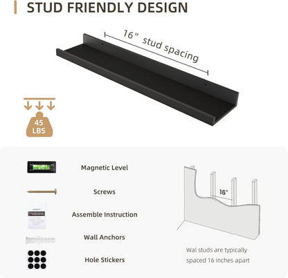 Picture Ledge Shelf, Wood Floating Shelves Set of 4, 24 inch Picture Ledge Shelves, Photo Ledge