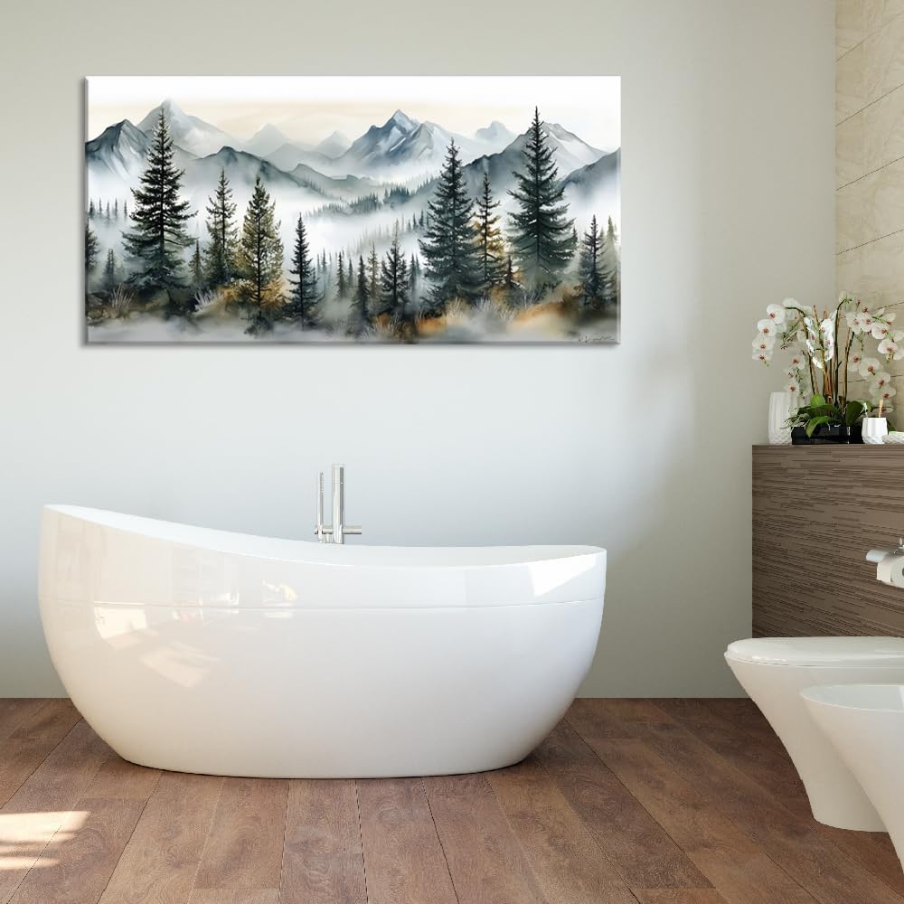 LASMOND Watercolor Forest Wall Art for Living Room Modern Mountain Canvas Painting Prints Foggy