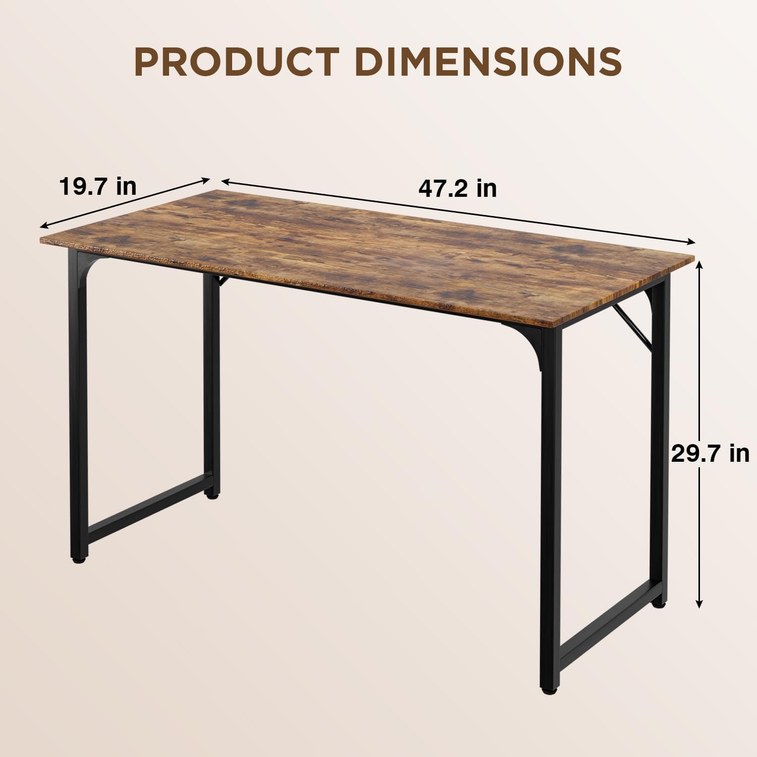 PayLessHere | 47 Inch Computer Desk | Brown | Office Desk with Metal Frame, Adjustable Feet |