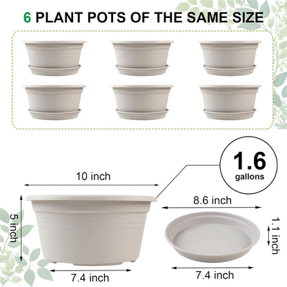 6 Pack 10 inch Plant Pot, Outdoor Pots for Plants with Drainage Hole & Tray Saucer, Round Plastic