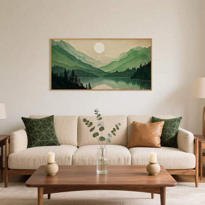Celestdeco Watercolor Mountain Framed Canvas Wall Art Set, Boho Sun Forest Wall Decor, Green