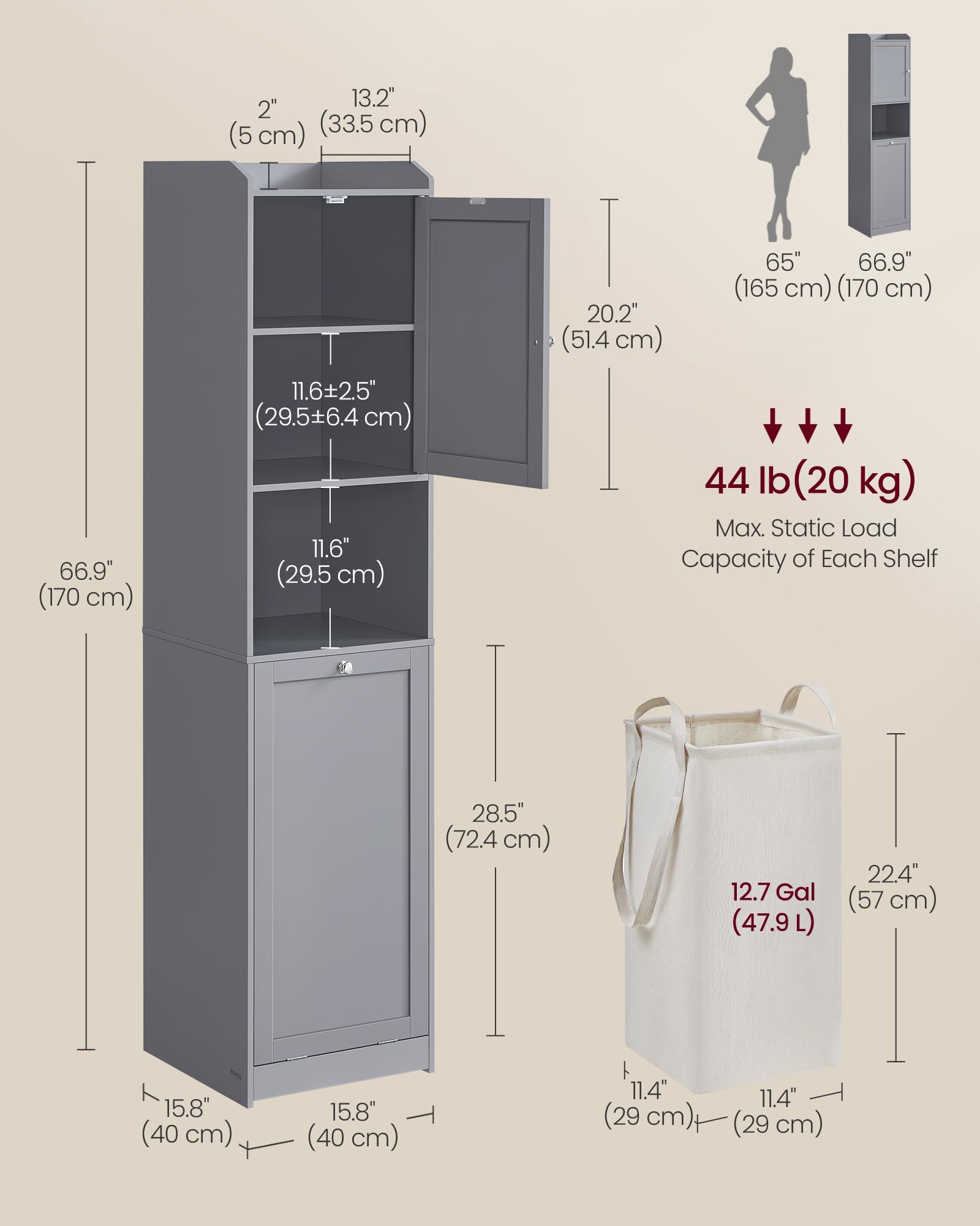 VASAGLE Tall Storage Cabinet, Storage Unit with Removable Laundry Basket, Compartment and Cabinet