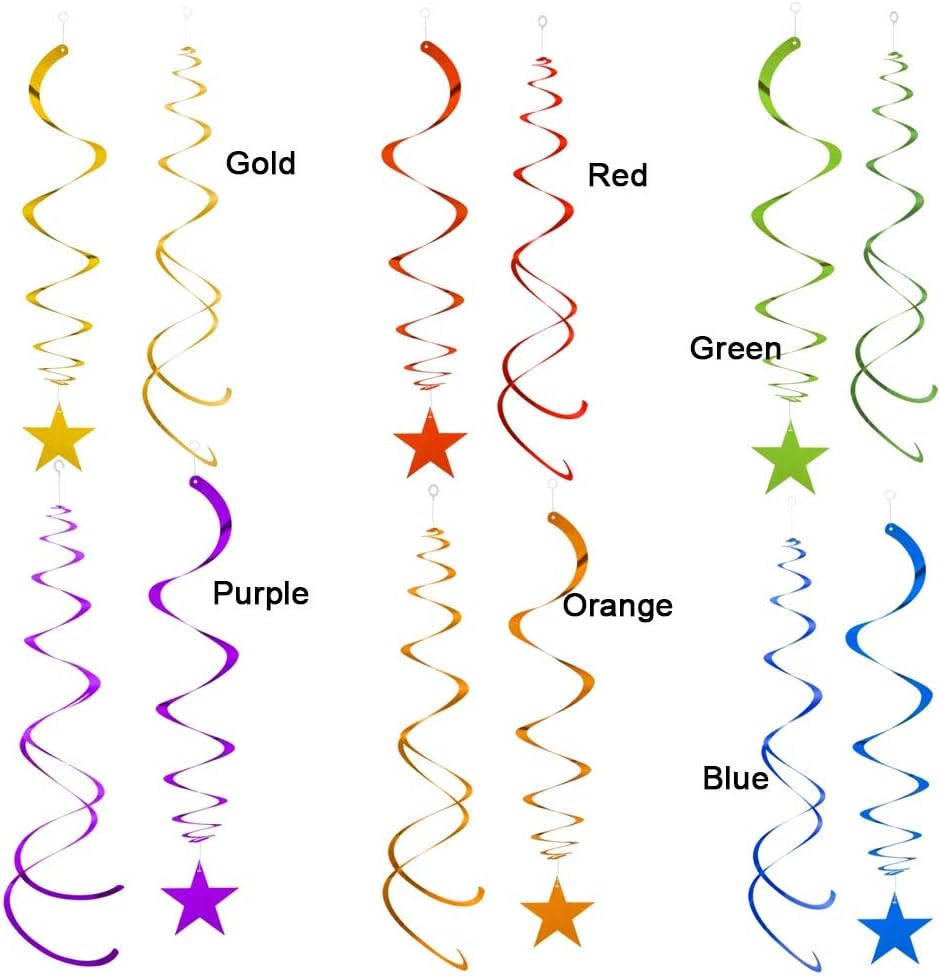 Rainbow Party Star Swirl Decorations, Rainbow Foil Ceiling Hanging Swirl Decorations with Star