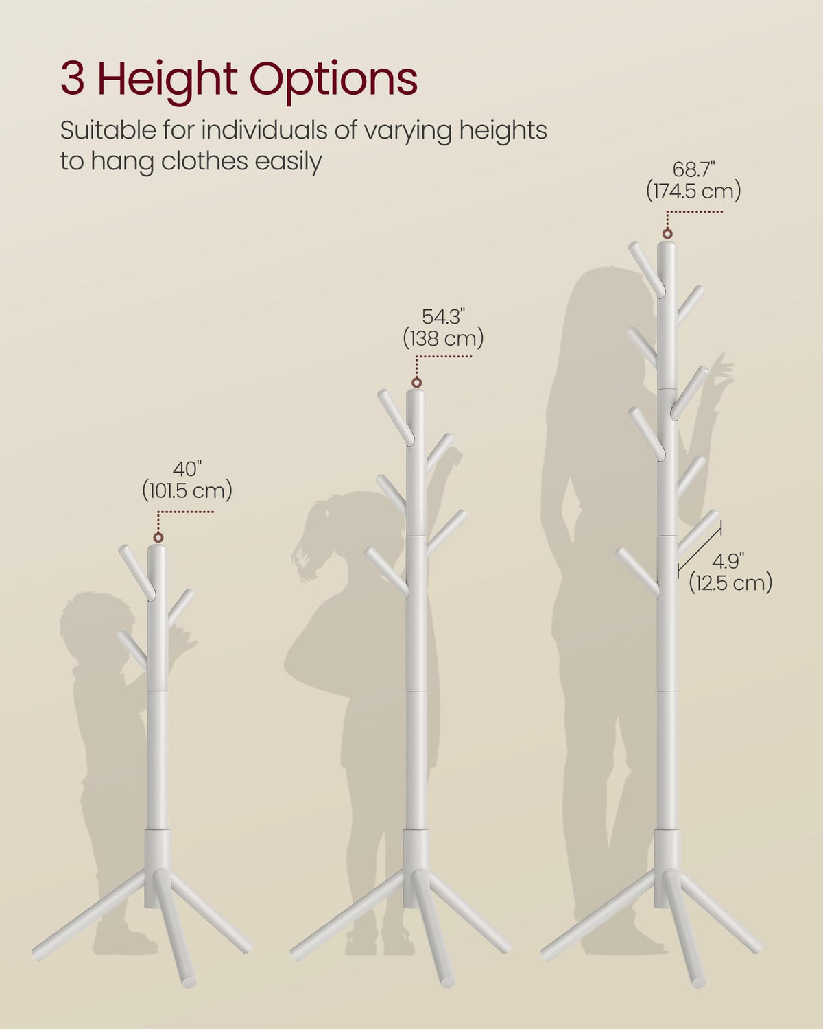 VASAGLE Solid Wood Coat Rack, Free Standing Tree-Shaped Coat Rack with 8 Hooks, 3 Height Options