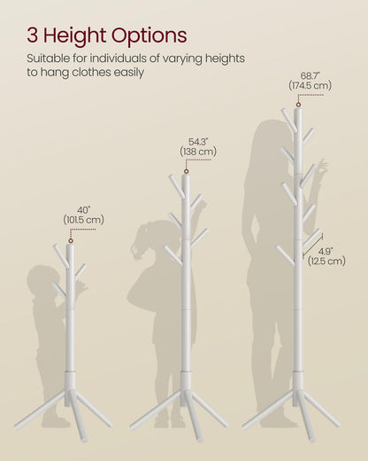 VASAGLE Solid Wood Coat Rack, Free Standing Tree-Shaped Coat Rack with 8 Hooks, 3 Height Options