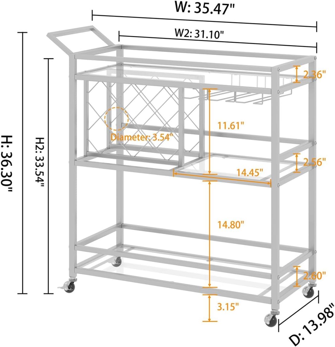 FATORRI Bar Cart Silver, Bar Carts for The Home, Home Bar Serving Carts for Liquor, Rolling Wine
