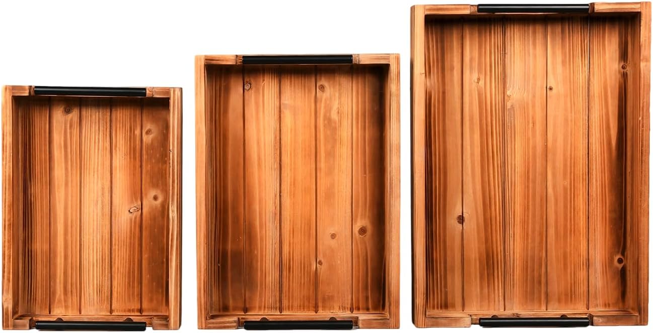3 Piece Coffee Table Tray Decorative Nested Vintage Wood Serving Tray Set for Eating, Breakfast