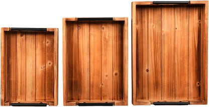 3 Piece Coffee Table Tray Decorative Nested Vintage Wood Serving Tray Set for Eating, Breakfast