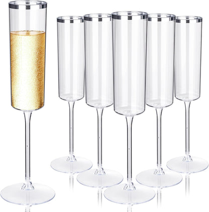 Ciaell 24 Pack Silver Plastic Champagne Flutes - 6 Oz Disposable Champagne Glasses - Square Silver
