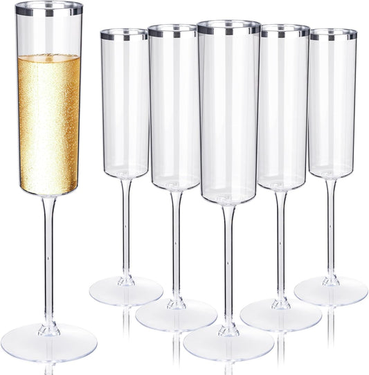 Ciaell 24 Pack Silver Plastic Champagne Flutes - 6 Oz Disposable Champagne Glasses - Square Silver