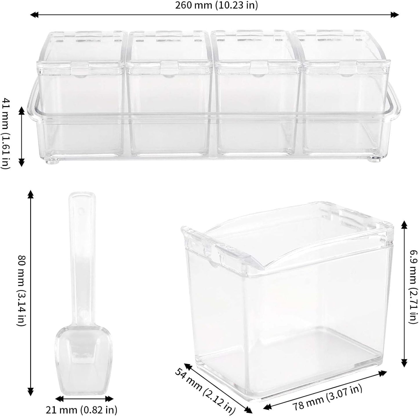 JAPCHET 3 Pack 4 Cell Clear Seasoning Box with Spoons, 10.2 × 3.54 × 3 inch Seasoning Storage