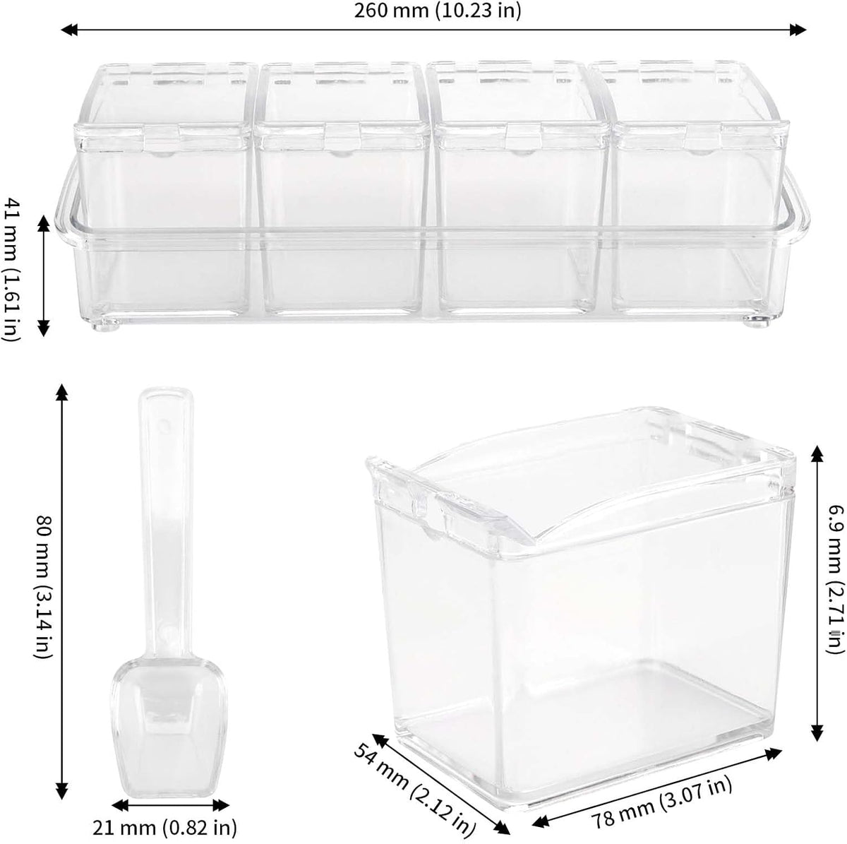 JAPCHET 3 Pack 4 Cell Clear Seasoning Box with Spoons, 10.2 × 3.54 × 3 inch Seasoning Storage