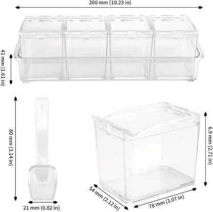 JAPCHET 3 Pack 4 Cell Clear Seasoning Box with Spoons, 10.2 × 3.54 × 3 inch Seasoning Storage