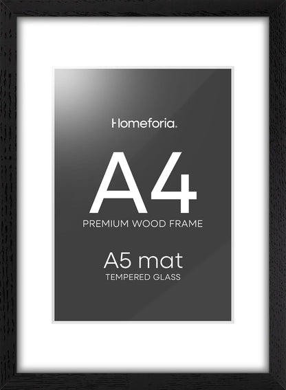 Homeforia A4 Picture Frame Black Wood, High-End Oak 8.3 x 11.7 Black Poster Frames Matted to 5.8 by