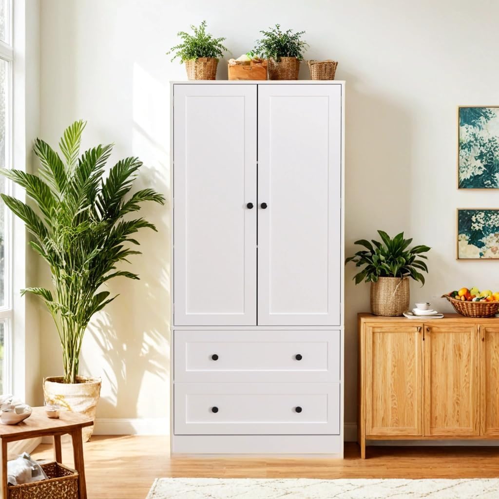 64.2" Tall White Kitchen Pantry, Storage Cabinet with Doors and Drawers, Freestanding Wooden