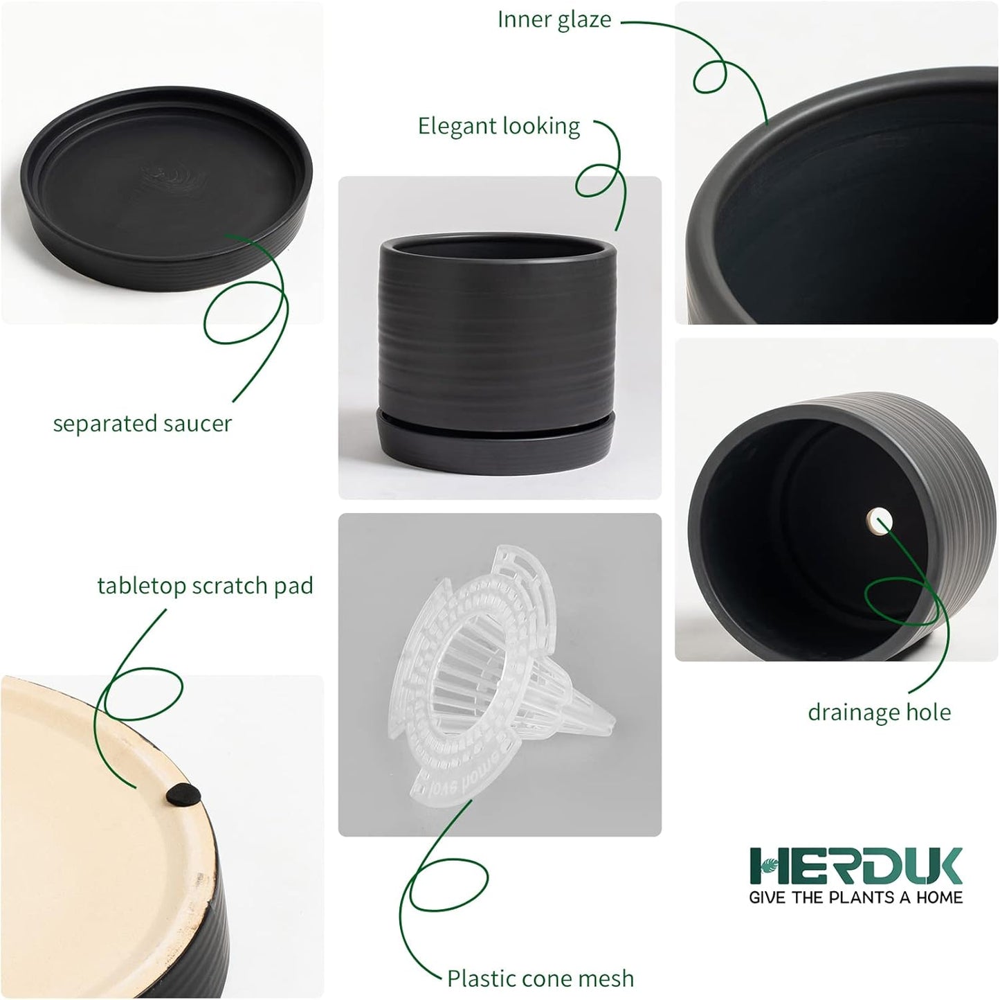 8 Inch Pots for Plants, Ceramic Planter Pot with Drainage Hole & Saucer, Indoor/Outdoor Cylinder