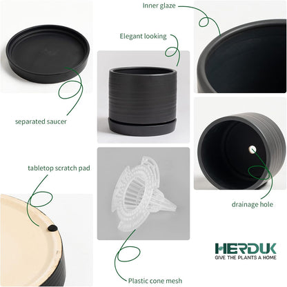 6 + 8 Inch Plant Pots, Ceramic Planter Pot with Drainage Hole & Saucer, Indoor/Outdoor Cylinder