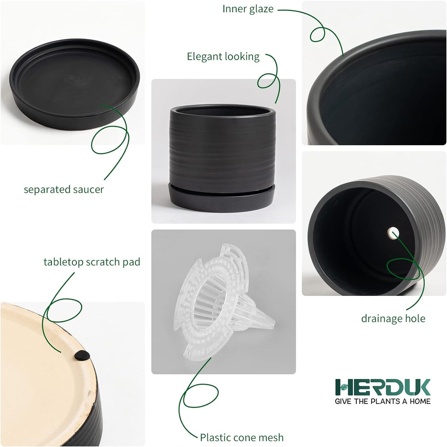 6 Inch Plant Pots, Ceramic Planter Pot with Drainage Hole & Saucer, Indoor/Outdoor Cylinder Round