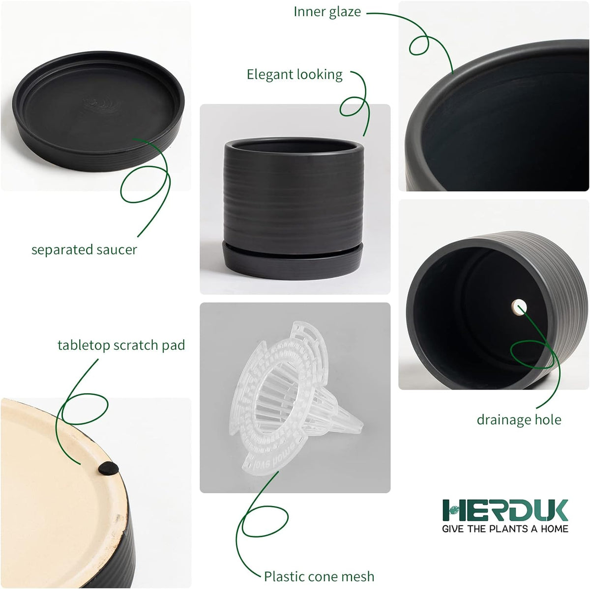 6 Inch Plant Pots, Ceramic Planter Pot with Drainage Hole & Saucer, Indoor/Outdoor Cylinder Round