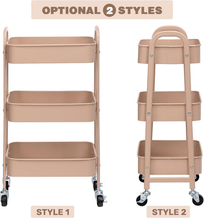 AGTEK Makeup Cart, Movable Rolling Organizer Cart, 3 Tier Metal Utility Cart with Lockable Wheels