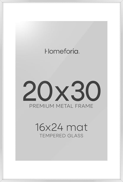 Homeforia Poster Frame Silver 20x30, High End Metal 20 x 30 Picture Frame with Mat 16 x 24 for