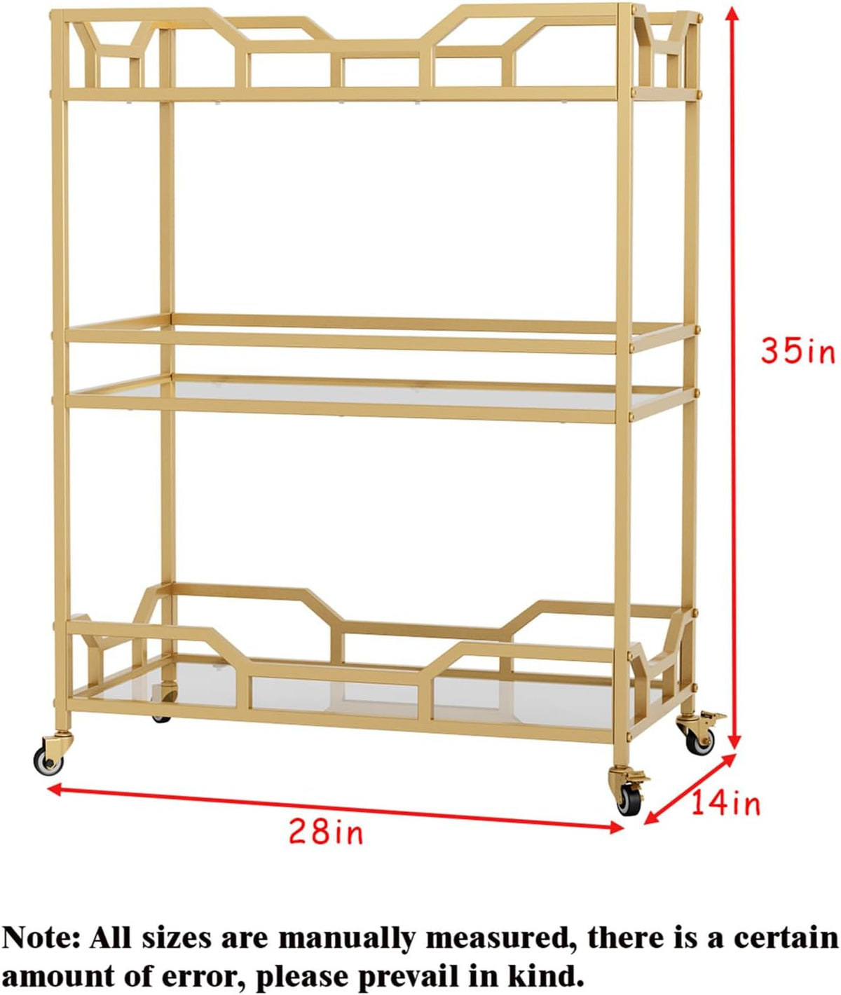 Square Gold Bar Carts with 3 Tier Storage Glass Shelves Holder Home Serving Bar Carts on Wheels for