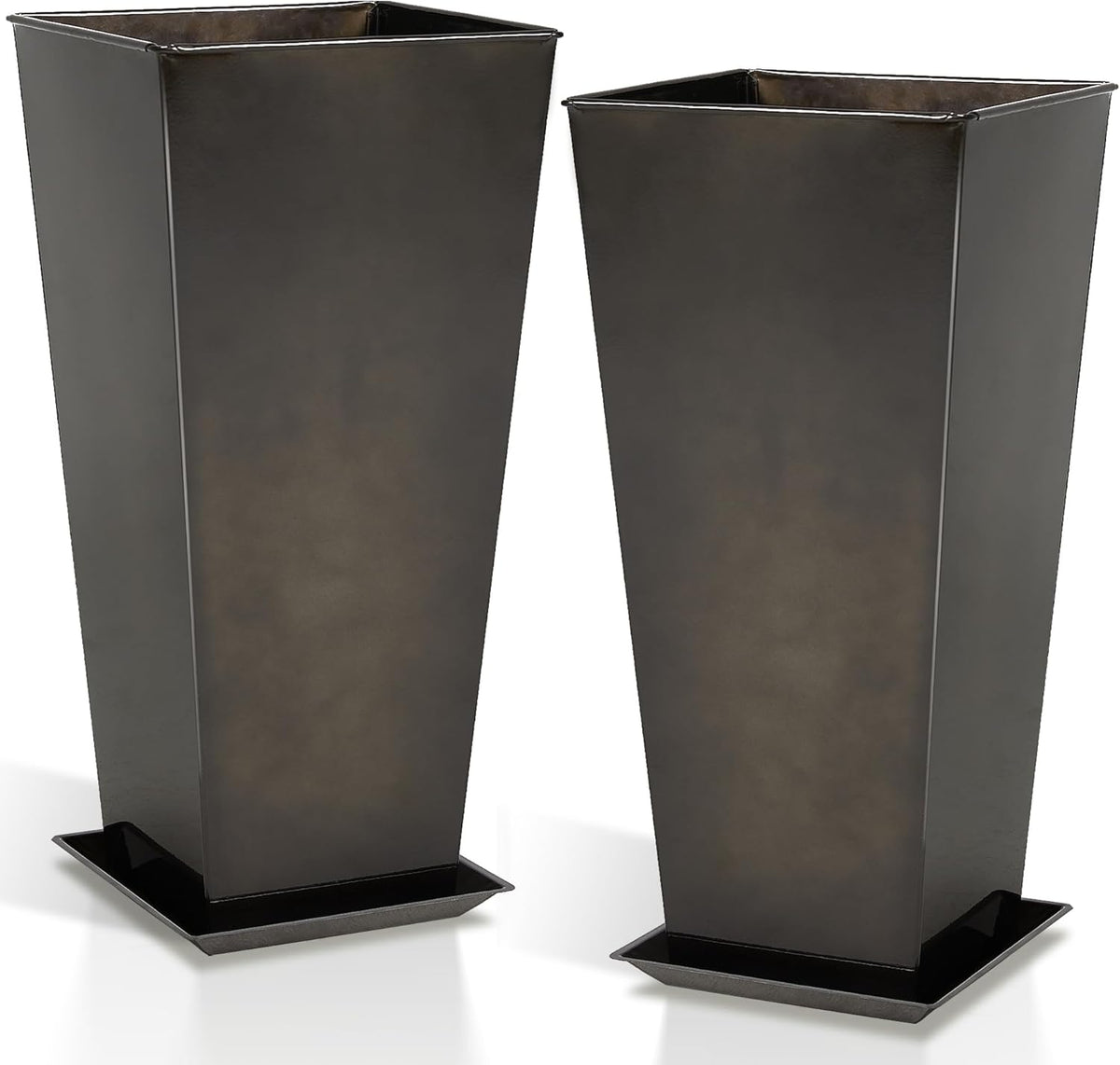 WORTH Garden 28" Large Metal Glazed Planter Set of 2, Luxurious Glossy Finish Black Tall Square