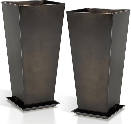 WORTH Garden 28" Large Metal Glazed Planter Set of 2, Luxurious Glossy Finish Black Tall Square