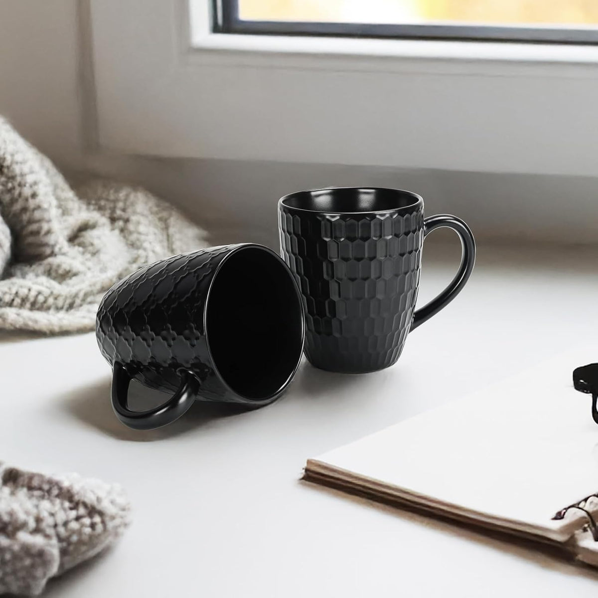 16 OZ Bone Coffee Mugs Set of 6 Matte Black, Large Ceramic Coffee Mugs Set with Different Texture